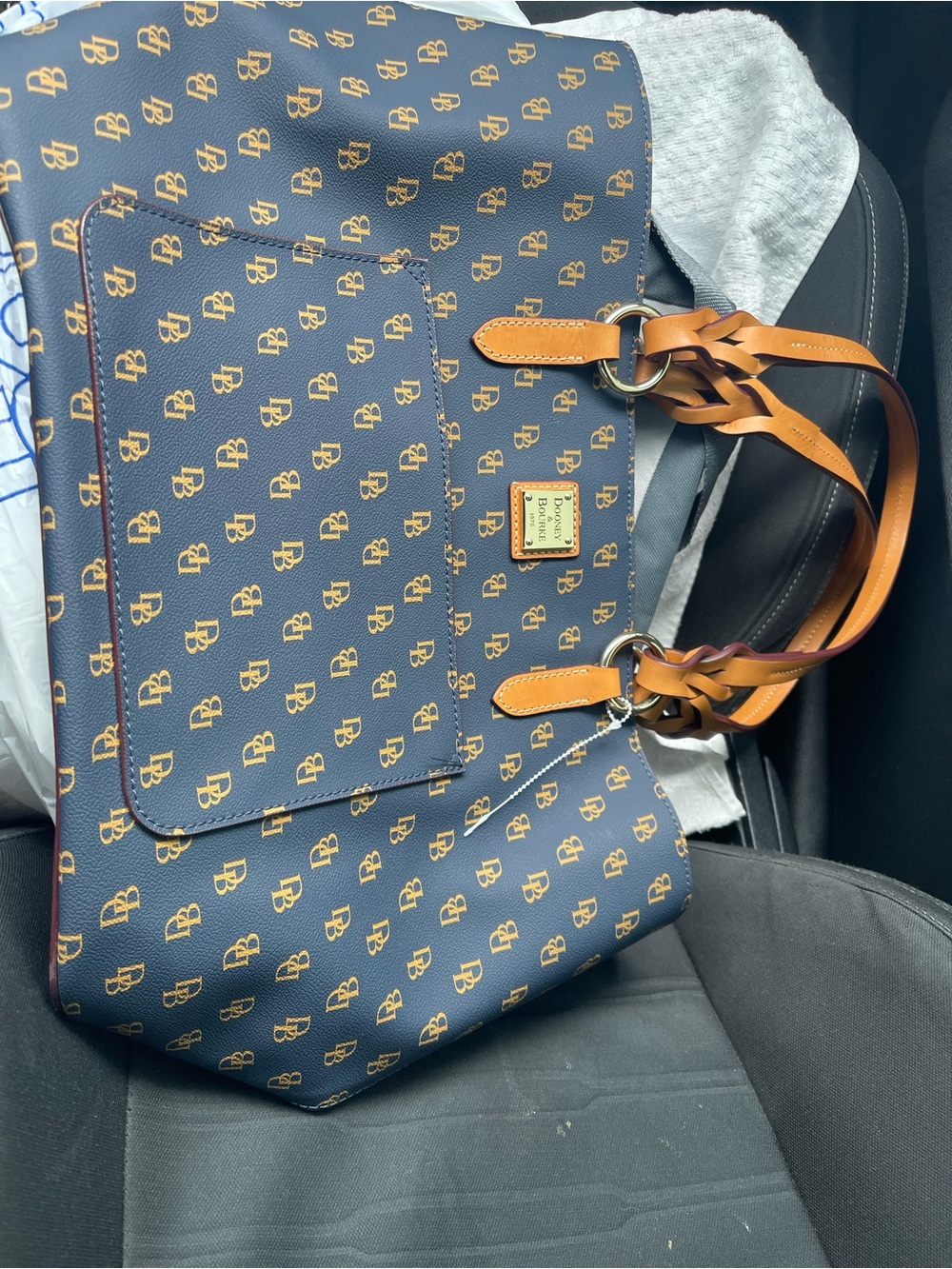Dooney & Bourke Navy Tote with Tan Braided Handles